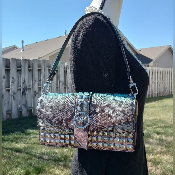 Michael Kors Greenwich Ombre Ocean Blue Studded Snakeskin Leather Shoulder Bag